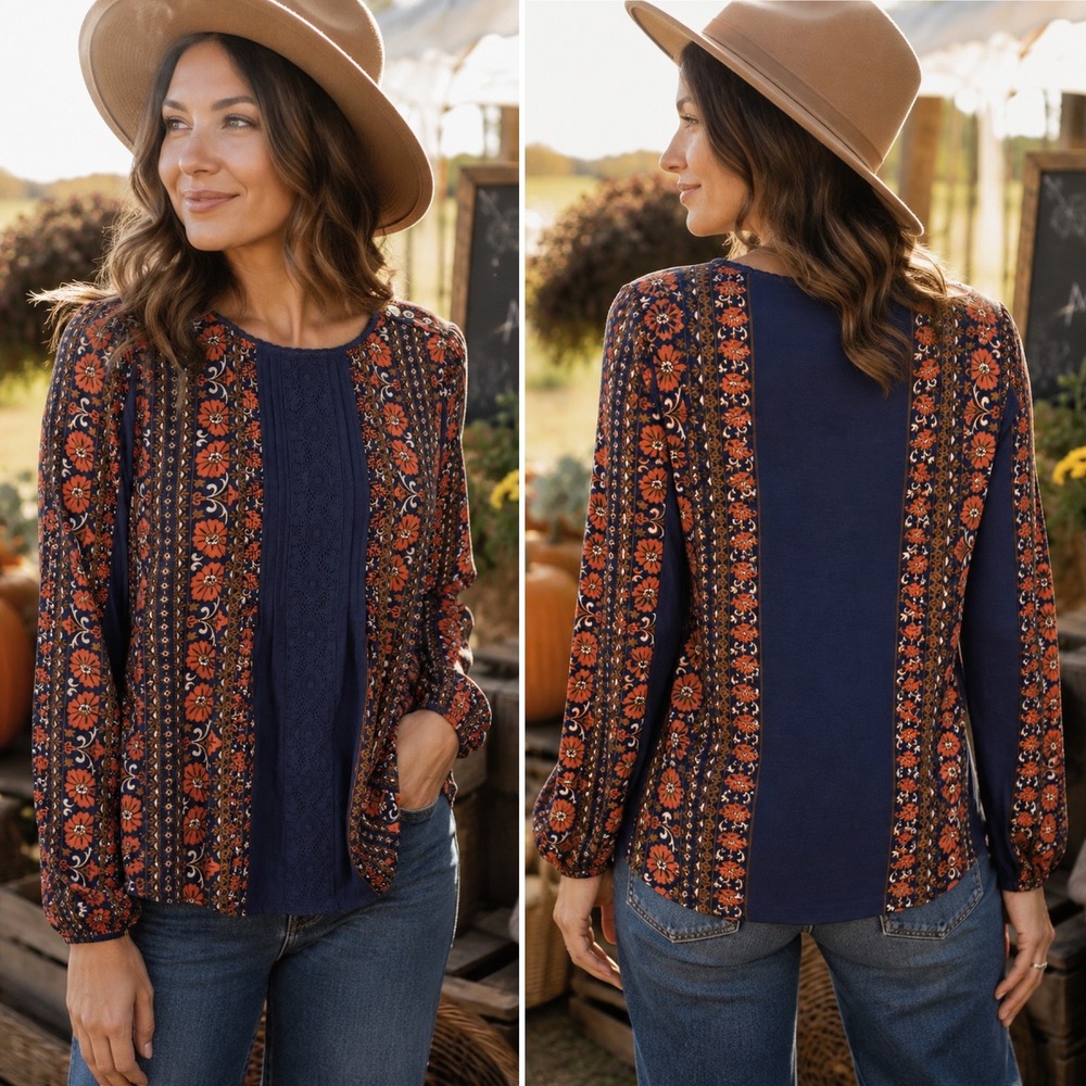 Matilda Jane Once Upon a Time Floral Pintuck Top Small Boho Lace Blouse Orange